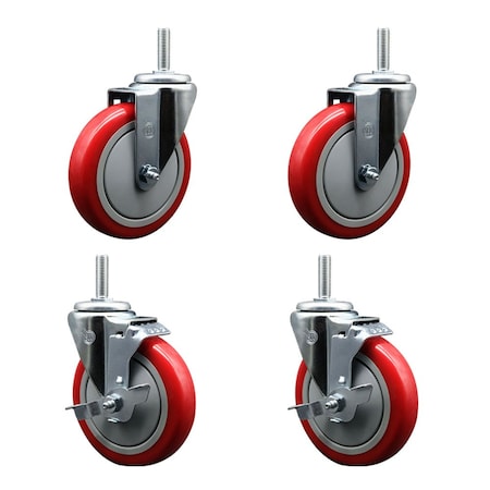 Service Caster 5 Inch Red Polyurethane Wheel Swivel 58 Inch Threaded Stem Caster Set 2 Brakes SCC SCC-TS20S514-PPUB-RED-58212-2-TLB-2